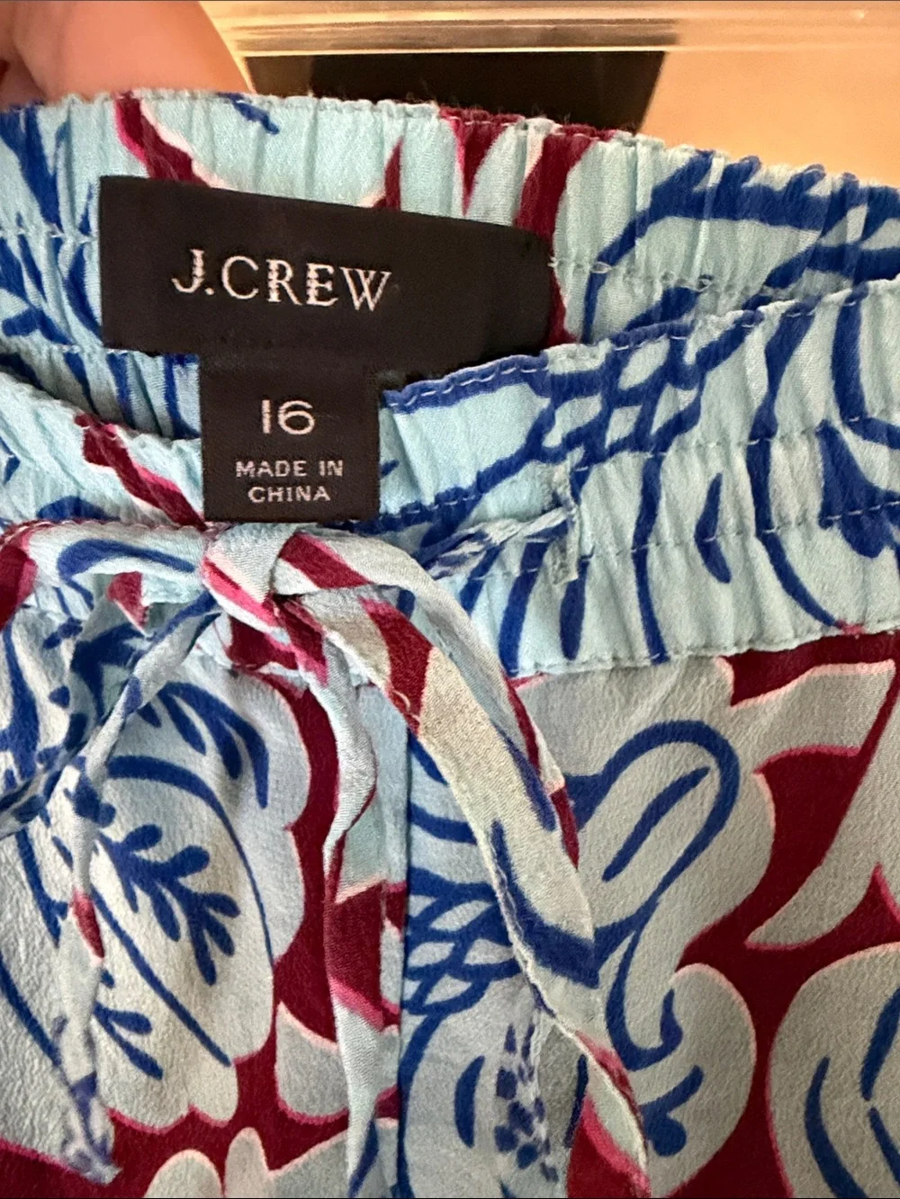 Sz 16 J.Crew Light Blue & Maroon Printed 100% Silk Pants